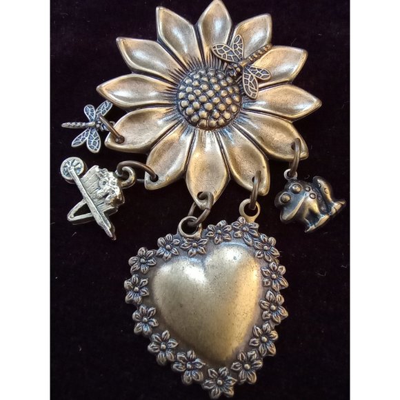 Antiqued Bronze tone Sunflower Gardener Dangles Brooch Pin - Picture 2 of 9
